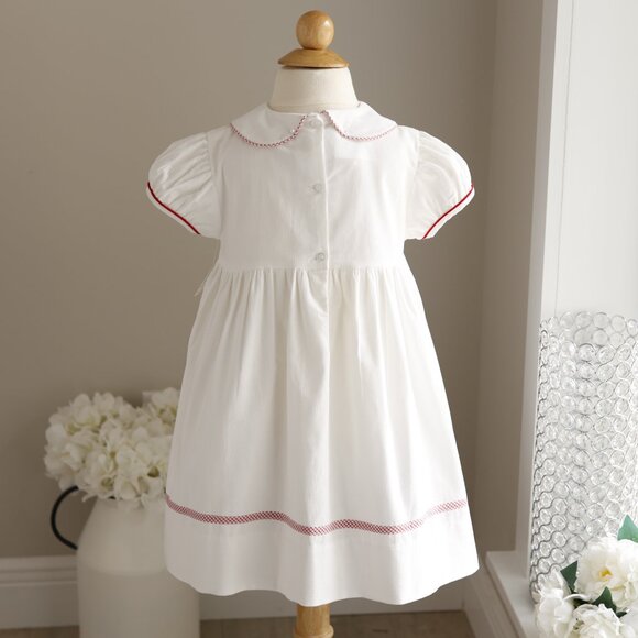Girl's White Cotton Pin Wale Corduroy Bow Dress Red Trim Boutique Size 5 NWT - Picture 7 of 9